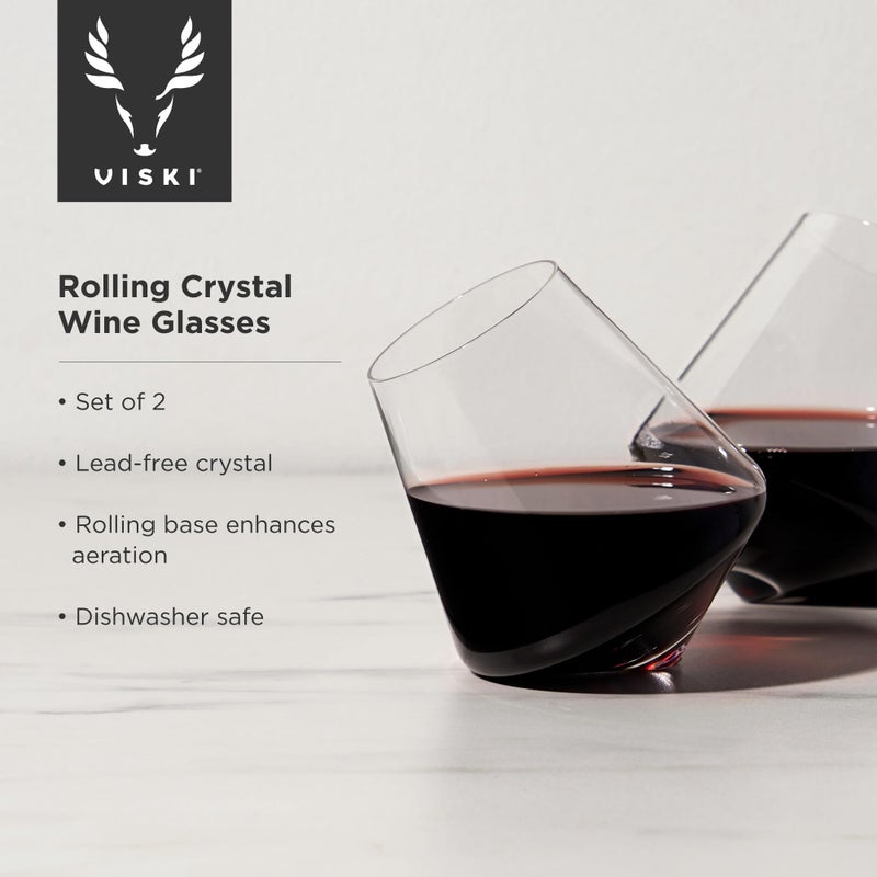Viski Rolling Crystal Wine Glasses, Modern Wine Tumblers, Elegant Drinking Glasses for Red and White Wines, Wedding Gifts, Holiday Celebration, Birthday Party, Home Bar, Glassware Set of 2, 12 oz - Image 2